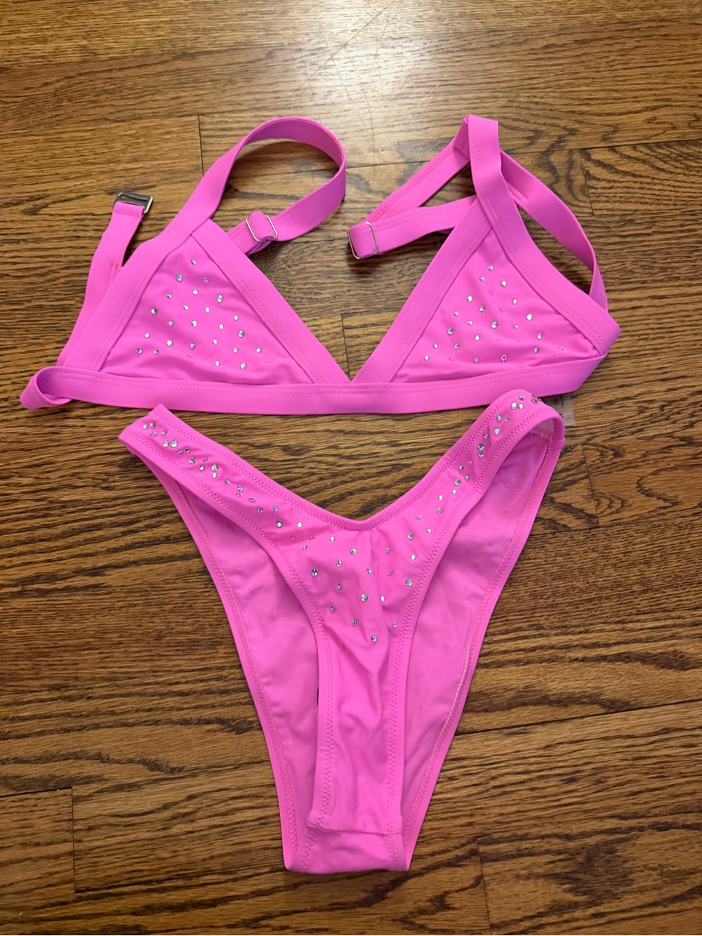 SHEIN Hot Pink Rhinestone Triangle Bikini Set